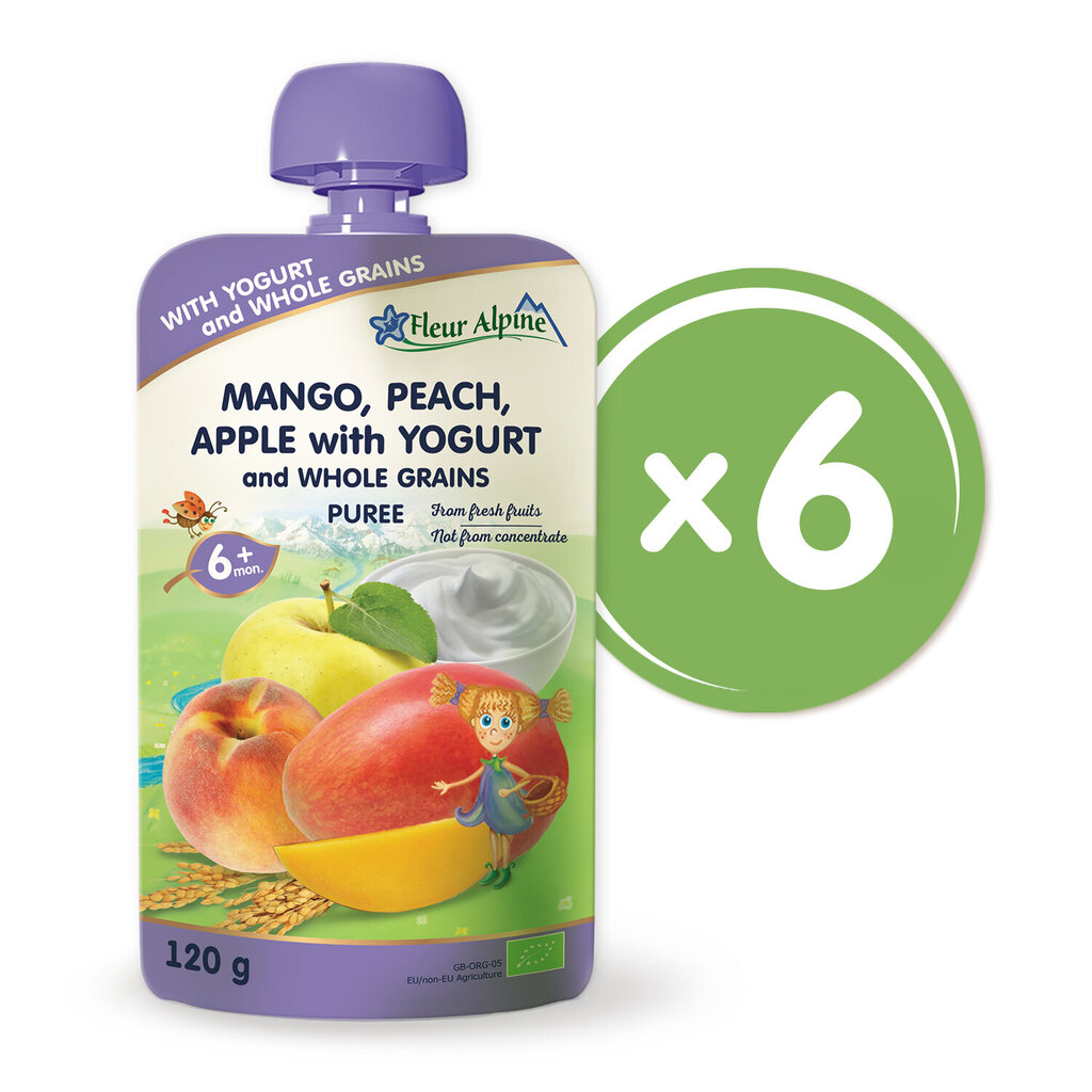 "Mango, persiku un ābolu ar jogurtu" bioloģiskais biezenis FLEUR ALPINE, no 6 mēnešiem, 120 g x 6 cena un informācija | Biezeņi | 220.lv