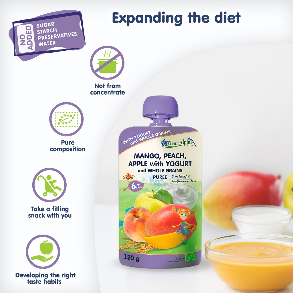 "Mango, persiku un ābolu ar jogurtu" bioloģiskais biezenis FLEUR ALPINE, no 6 mēnešiem, 120 g x 6 cena un informācija | Biezeņi | 220.lv