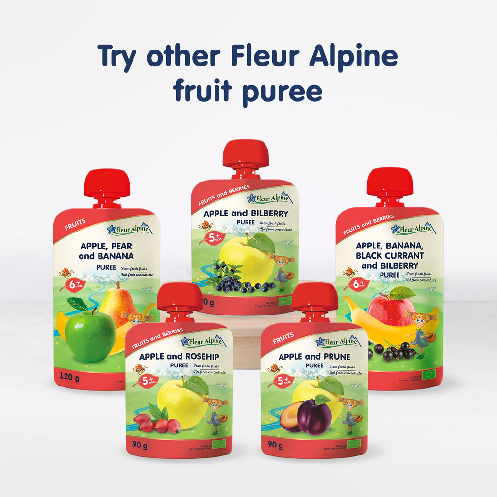 "Ābolu, banānu, upeņu un melleņu" organiskais biezenis FLEUR ALPINE, no 6 mēnešiem, 120 g x 6 cena un informācija | Biezeņi | 220.lv