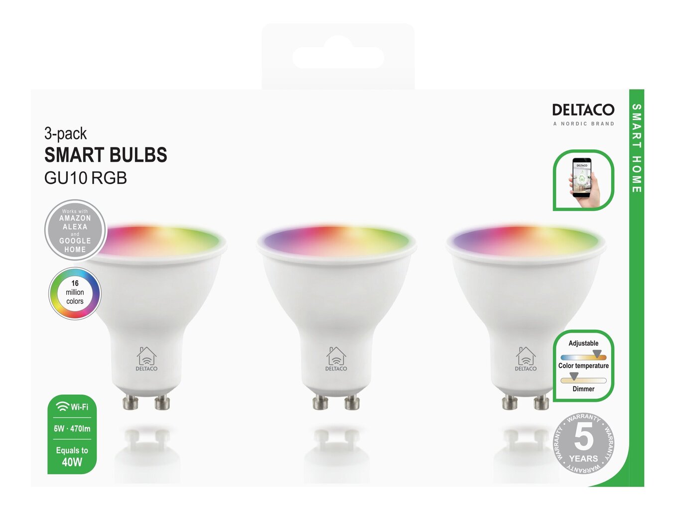 LED viedā spuldze DELTACO SMART HOME GU10, 5W, 470lm, 220-240V, RGB / SH-LGU10RGB-3P cena un informācija | Spuldzes | 220.lv