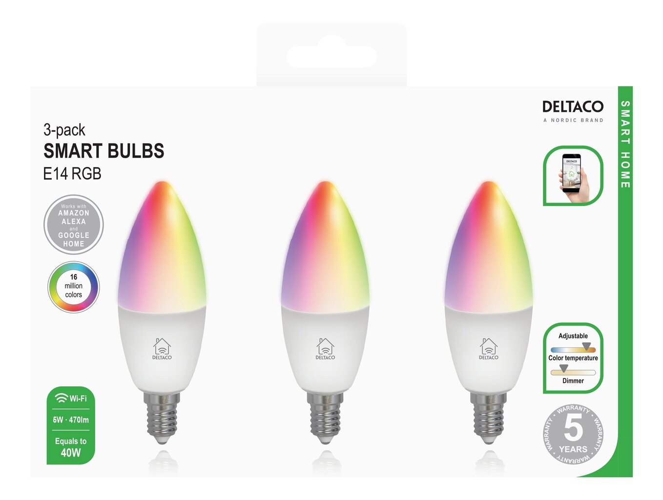 Viedā spuldze Deltaco Smart Home LED, E14, 5W, 220-240V, RGB, 3gab. cena un informācija | Spuldzes | 220.lv