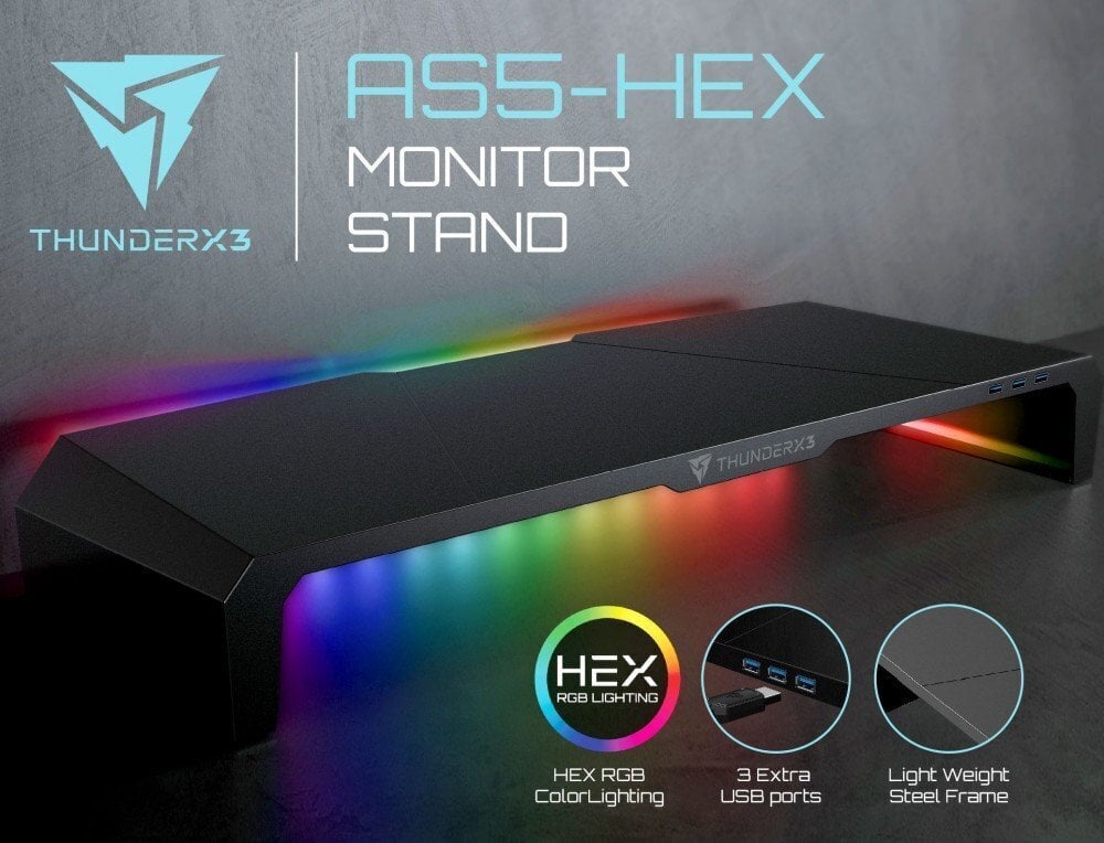 THUNDERX3 AS5 HEX Monitora statīvs RGB / 3xUSB 3.0 / IR Remote cena un informācija | Portatīvo datoru dzesēšanas paliktņi un citi piederumi | 220.lv