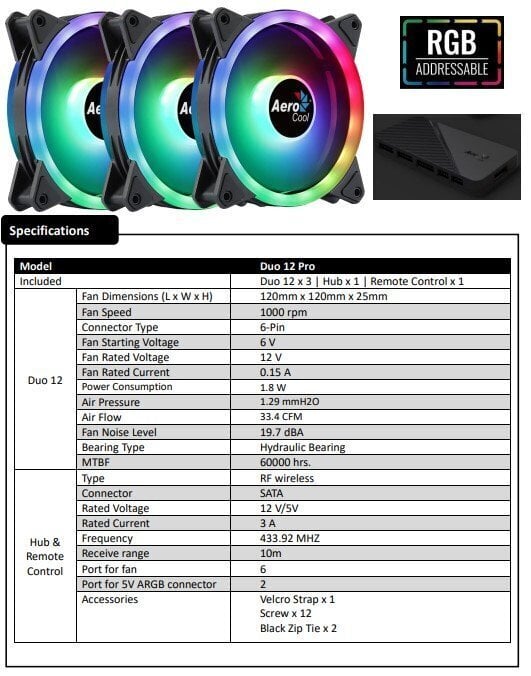 AEROCOOL DUO 12 PRO ARGB 12cm tālvadības datora dzesētāju komplekts цена и информация | Datora ventilatori | 220.lv