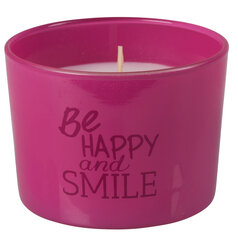 Aromātiskā svece stiklā, 6x8 cm - Esi laimīgs un smaidi (rozā) cena un informācija | Sveces un svečturi | 220.lv