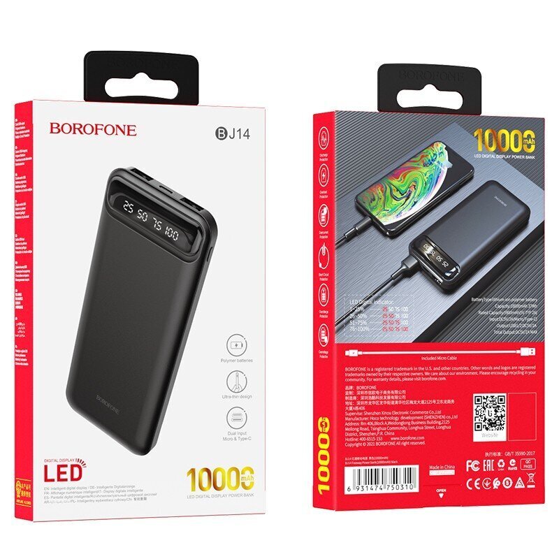 Ārējais-akumulators, Power Bank Borofone BJ14 Type-C microUSB 2*USB (2A) 10000mAh, melns цена и информация | Lādētāji-akumulatori (Power bank) | 220.lv