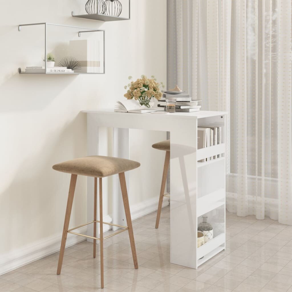 vidaXL bāra galds ar plauktu, spīdīgi balts, 102x50x103,5 cm cena un informācija | Virtuves galdi, ēdamgaldi | 220.lv