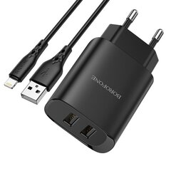 Сетевая зарядка Borofone BN2 2xUSB 2.1A + Lightning, белая цена и информация | Зарядные устройства для телефонов | 220.lv