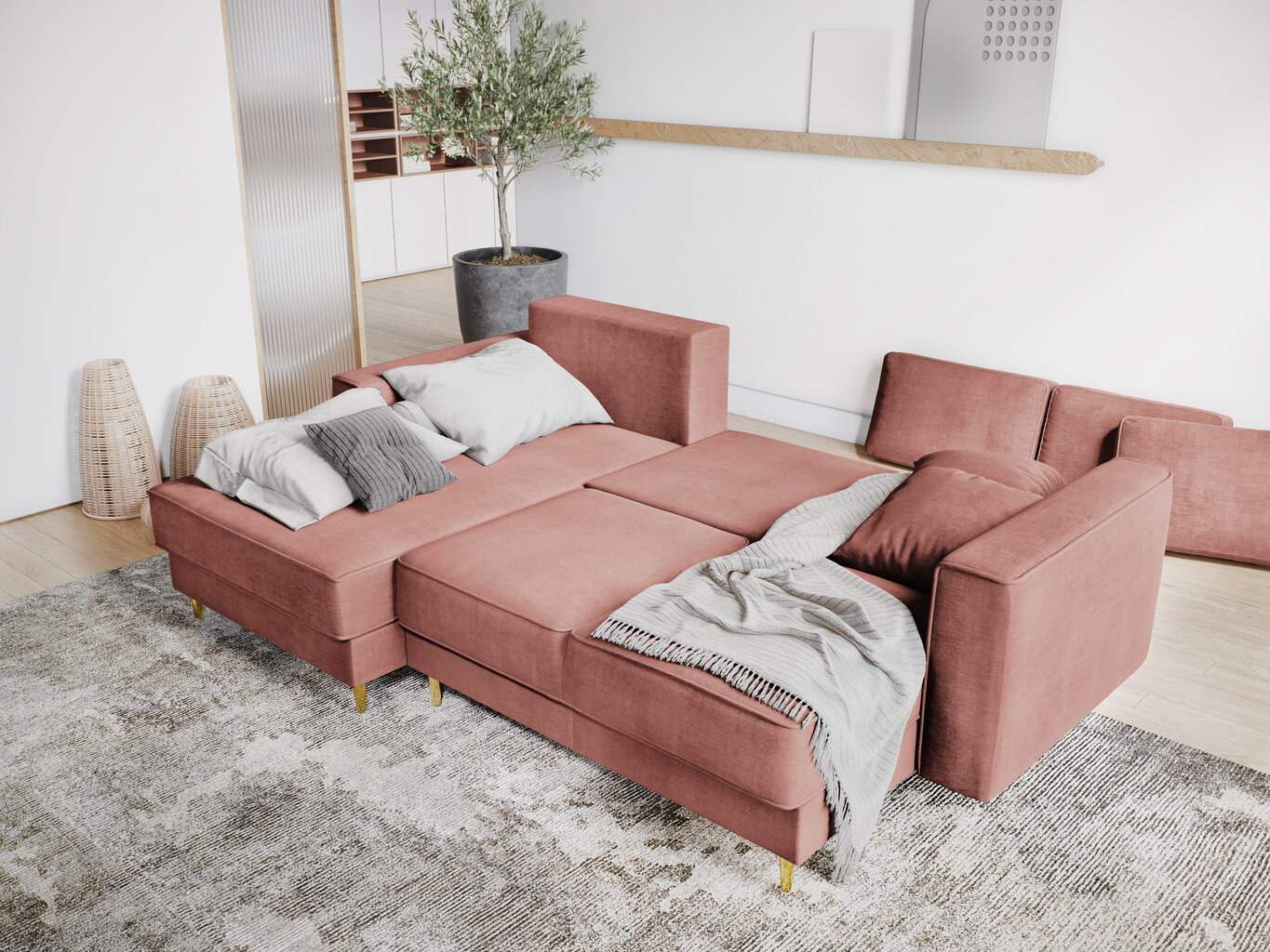 Stūra dīvāns Micadoni Home Dunas 4S, rozā/zeltainas krāsas cena un informācija | Stūra dīvāni | 220.lv
