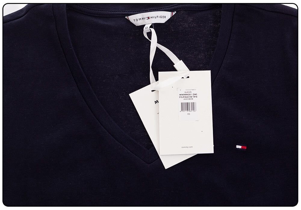 Sieviešu T krekls Tommy Hilfiger T-SHIRT SP SLIM SOLID V-NK TOP SS TUMŠI ZILS WW0WW30511 DW5 26512 cena un informācija | T-krekli sievietēm | 220.lv