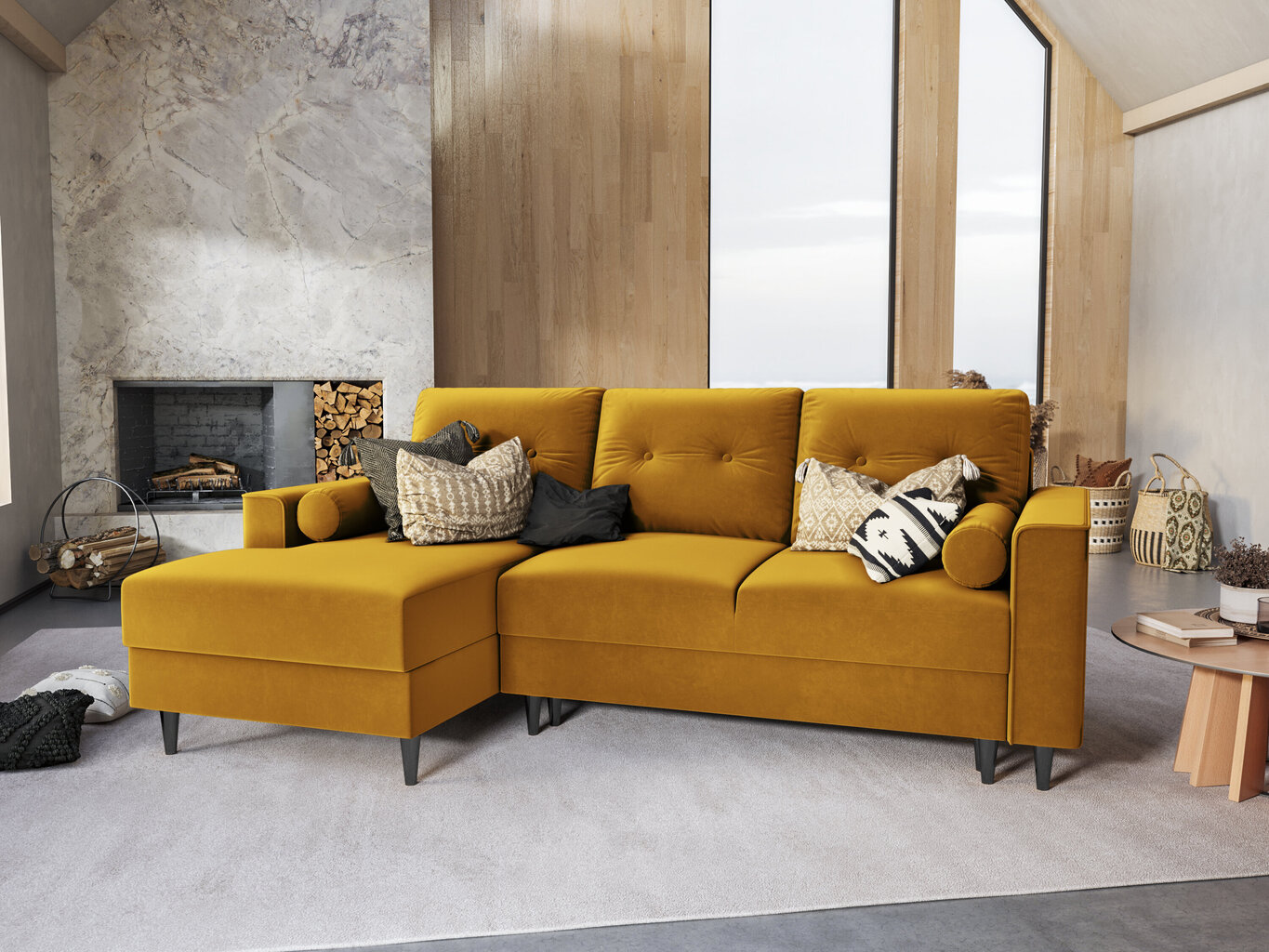 Stūra dīvāns Micadoni Home Leona 4S, dzeltens/melns cena un informācija | Stūra dīvāni | 220.lv