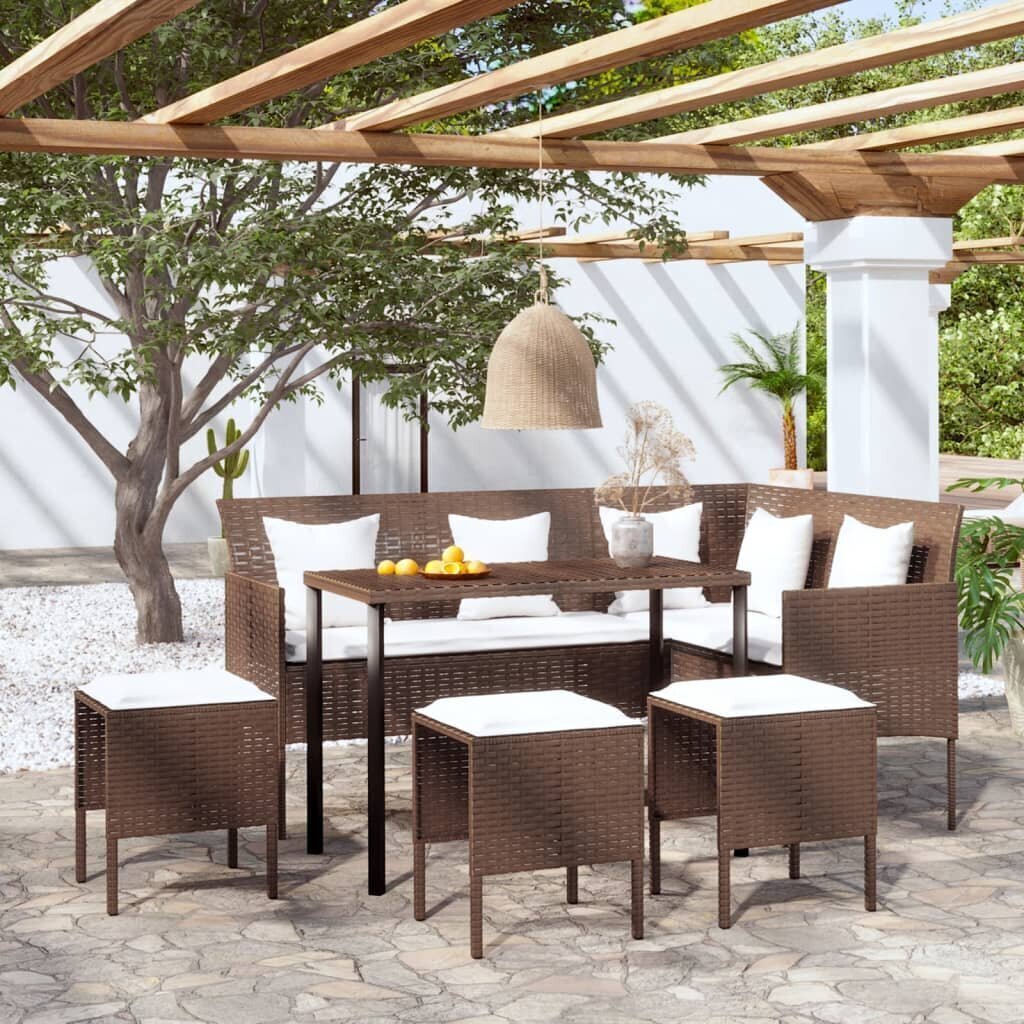 vidaXL 5-daļīgs stūra dārza dīvānu komplekts ar matračiem, brūns PE cena un informācija | Dārza mēbeļu komplekti | 220.lv