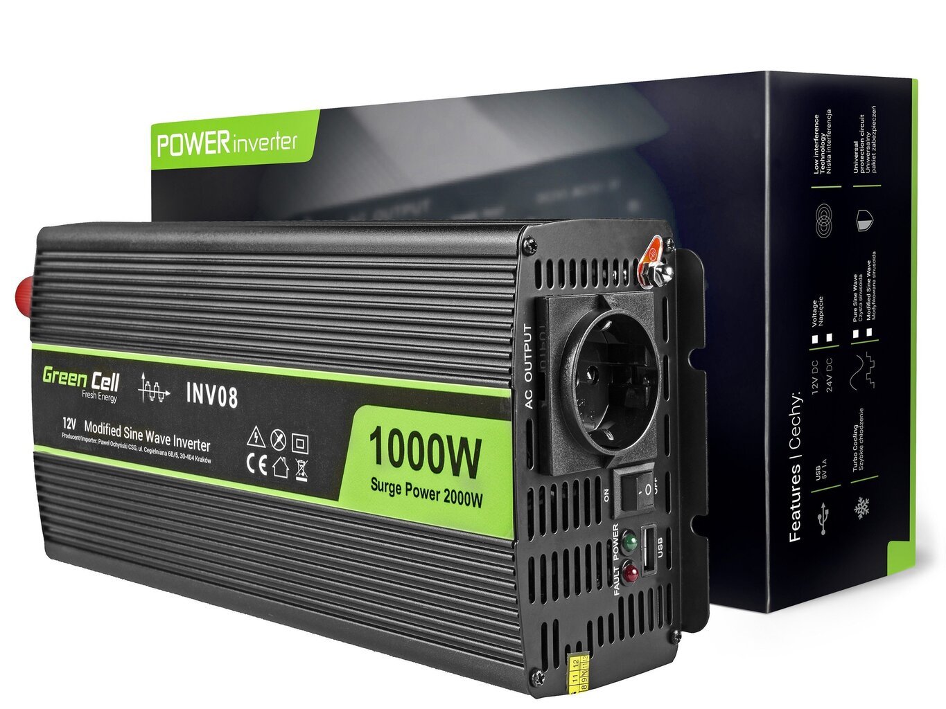 Green Cell Power Inverter 12V to 230V 1000W/2000W Modified sine wave цена и информация | Sprieguma pārveidotāji | 220.lv