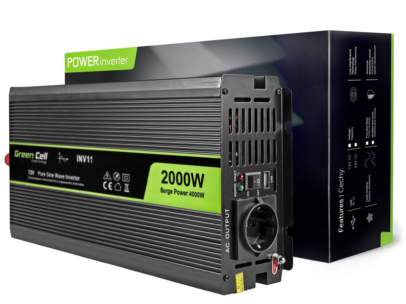 Green Cell Power Inverter 12V to 230V 2000W/4000W Pure sine wave cena un informācija | Sprieguma pārveidotāji | 220.lv