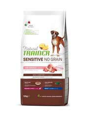 Natural Trainer ADULT DOG SENSITIVE NO GRAIN Medium/Maxi PORK sausā barība bez graudiem ar cūkgaļu vidējo un lielo šķirņu suņiem 12kg cena un informācija | Sausā barība suņiem | 220.lv