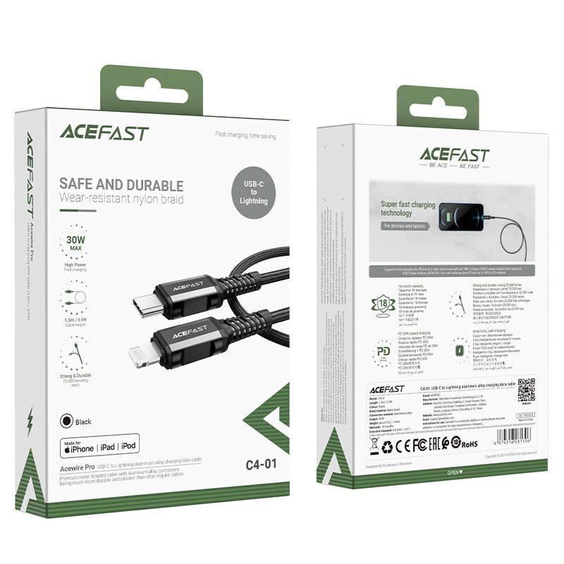 Acefast kabelis MFI USB Type C - Lightning, 1,8 m цена и информация | Savienotājkabeļi | 220.lv