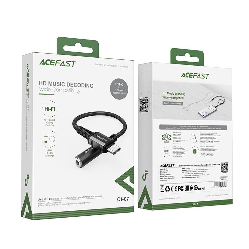 Acefast audio kabelis USB Type C - 3.5mm mini jack (female), 18 cm цена и информация | Savienotājkabeļi | 220.lv