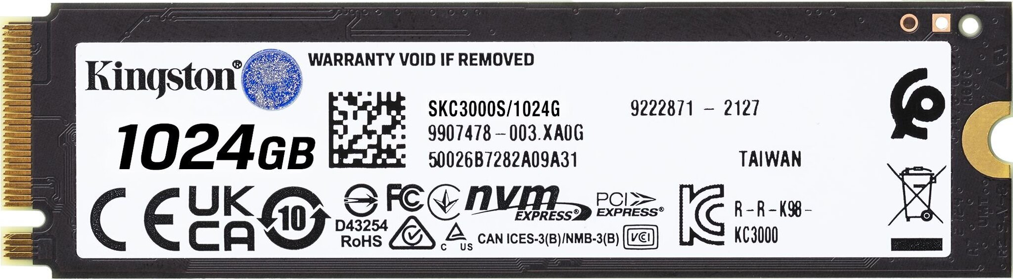 SSD|KINGSTON|KC3000|1TB|M.2|NVMe|3D TLC|Write speed 6000 MBytes/sec|Read speed 7000 MBytes/sec|TBW 800 TB|MTBF 1800000 hours|SKC3000S/1024G цена и информация | Iekšējie cietie diski (HDD, SSD, Hybrid) | 220.lv