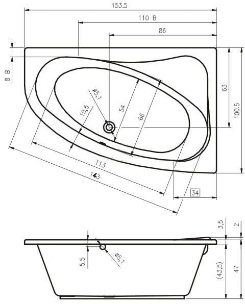 Stūra vanna RIHO Lyra 153x100,5 cm cena un informācija | Vannas | 220.lv