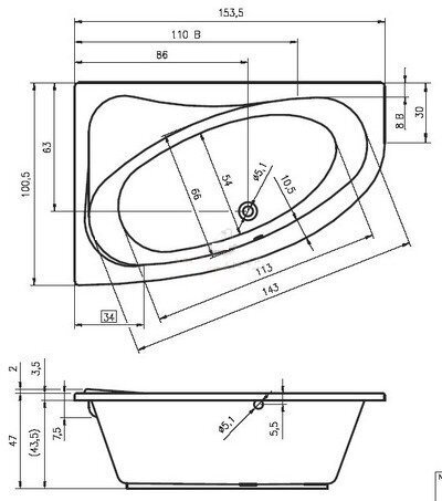 Stūra vanna RIHO Lyra 153x100,5 cm cena un informācija | Vannas | 220.lv