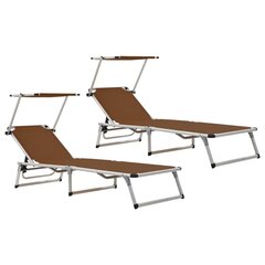 312461 vidaXL Folding Sun Loungers with Roof 2 pcs Aluminium&Textilene Brown cena un informācija | Sauļošanās krēsli | 220.lv