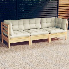 vidaXL 3-vietīgs dārza dīvāns ar krēmkrāsas spilveniem, priedes koks цена и информация | скамейка со столиком | 220.lv