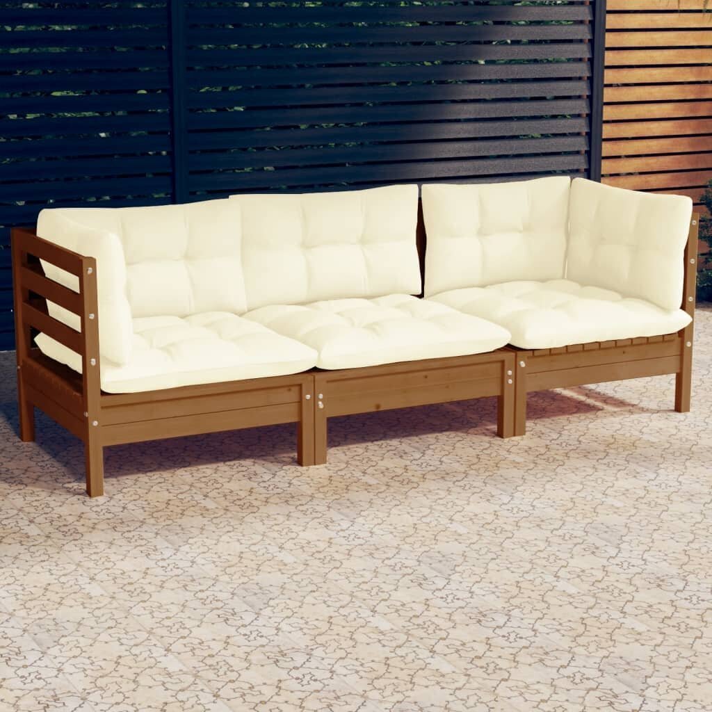 vidaXL 3-vietīgs dārza dīvāns ar krēmkrāsas spilveniem, priedes koks cena un informācija | Dārza krēsli | 220.lv