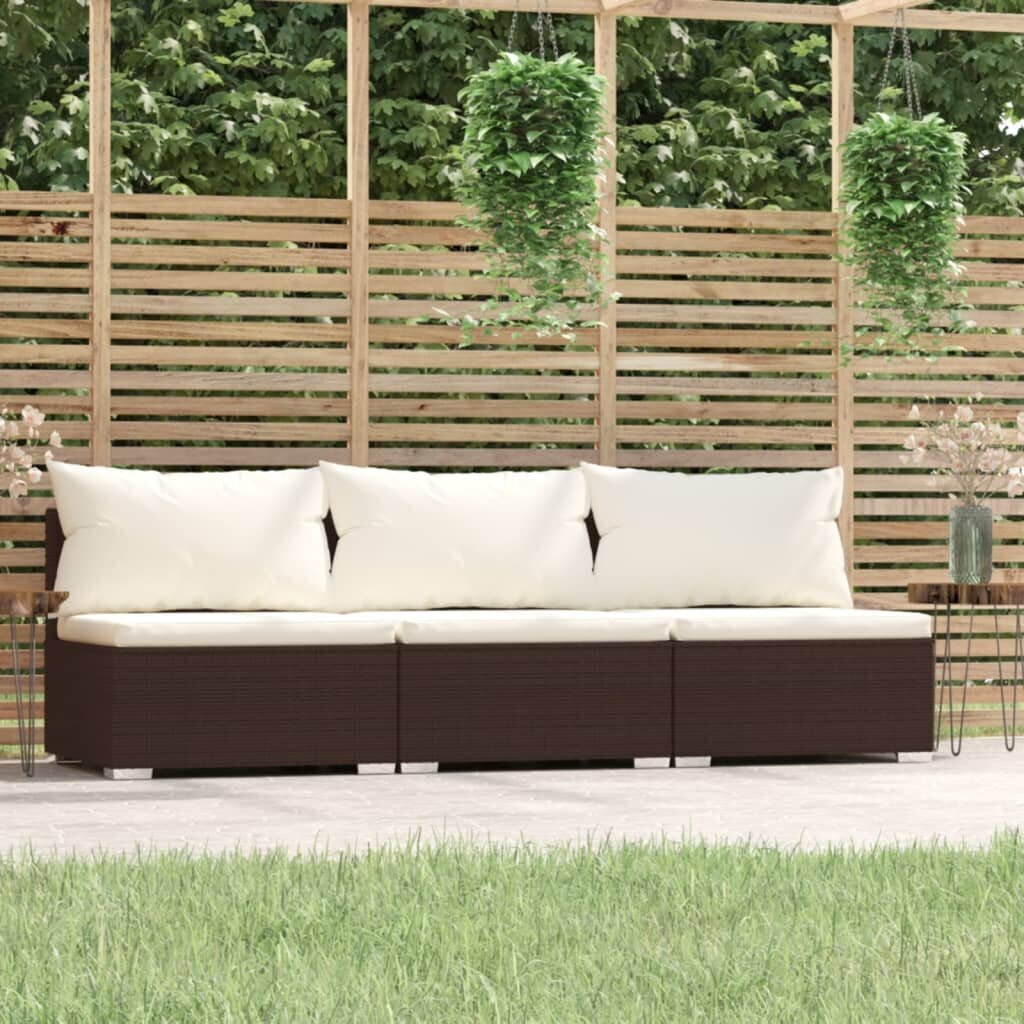 vidaXL trīsvietīgs dīvāns ar matračiem, brūna PE rotangpalma cena un informācija | Dārza krēsli | 220.lv