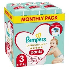 Autiņbiksītes - biksītes PAMPERS Premium Monthly Pack 3 izmērs, 6-11 kg, 144 gab. cena un informācija | Pampers Higiēna un veselība | 220.lv