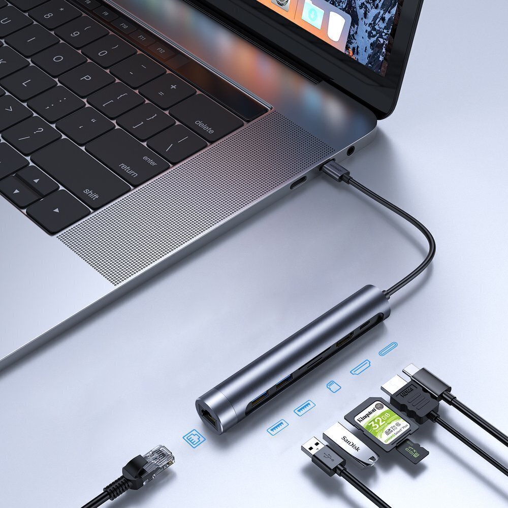 Adapteris Joyroom S-H111 7 in 1 Concealed docking station（USB 3.0*2+HDMI+Type-C+TF+SD+LAN） cena un informācija | Adapteri un USB centrmezgli | 220.lv