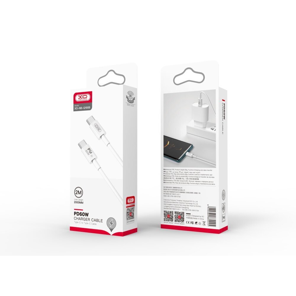 XO kabelis NB-Q190B USB-C - USB-C 2,0m 60W, balts cena un informācija | Savienotājkabeļi | 220.lv