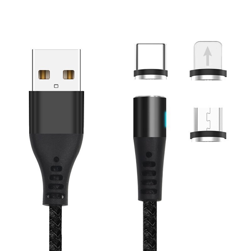 Maxlife MXUC-02 magnētiskais kabelis USB - Lightning + USB-C + microUSB 1,0 m 2A, melns neilons cena un informācija | Savienotājkabeļi | 220.lv