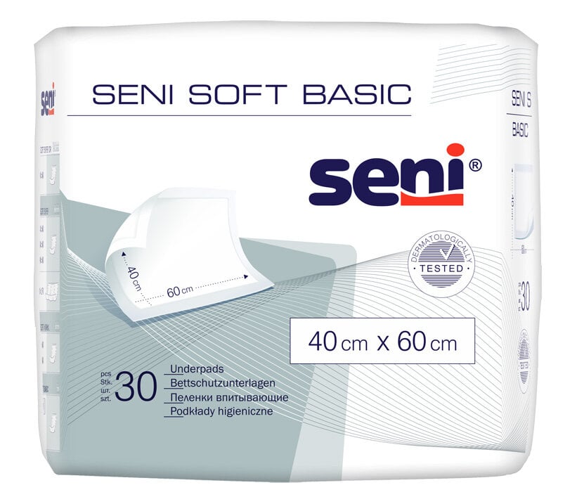 Absorbējošie paladziņi Seni Soft Basic, 40x60 cm, 30 gab. цена и информация | Autiņbiksītes, higiēniskās paketes, vienreizlietojamie paladziņi pieaugušajiem | 220.lv