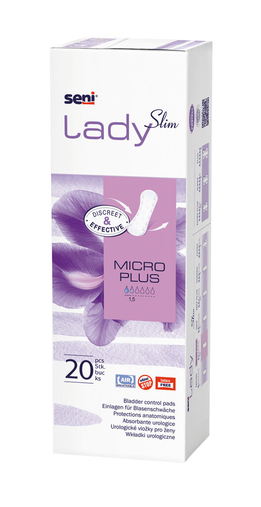 Uroloģiskie ieliktņi Seni Lady Slim Micro Plus sievietēm, 20 gab. цена и информация | Autiņbiksītes, higiēniskās paketes, vienreizlietojamie paladziņi pieaugušajiem | 220.lv