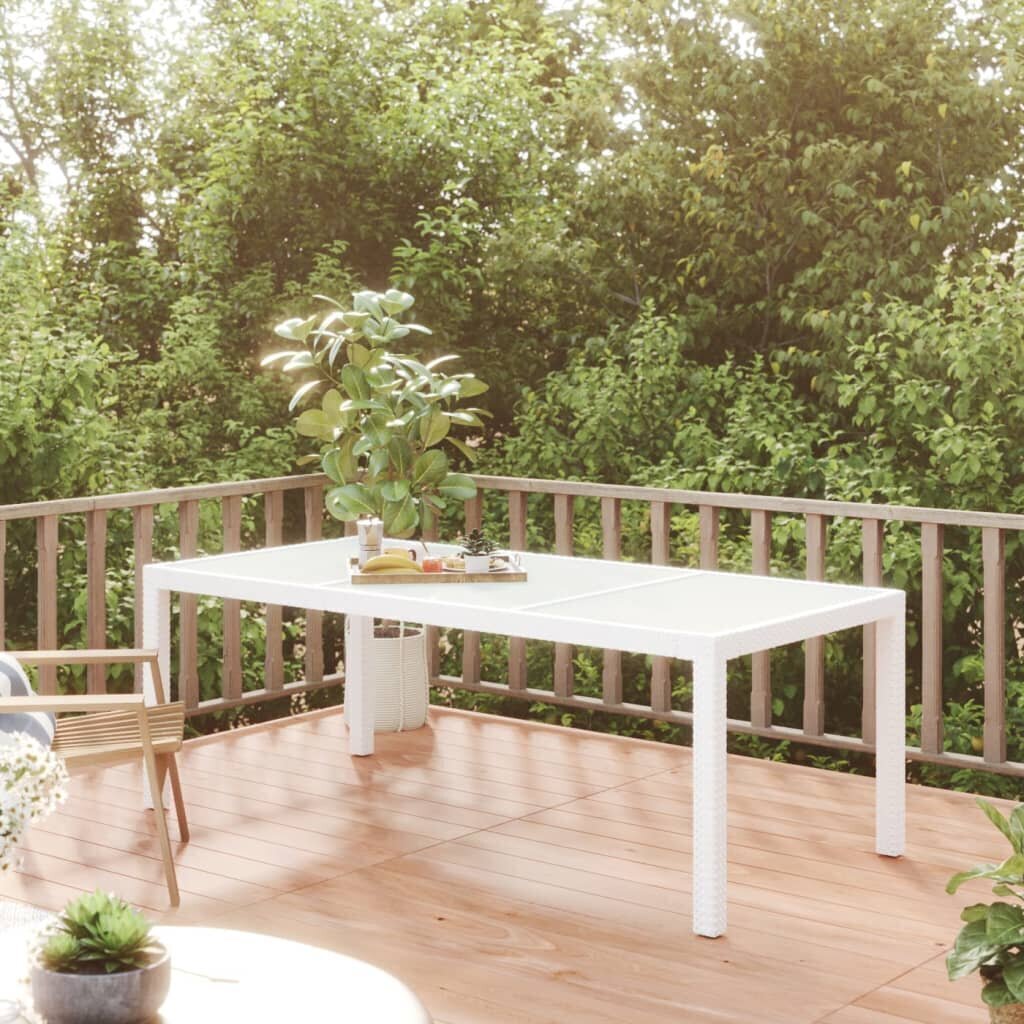 vidaXL dārza galds, 190x90x75 cm, rūdīts stikls, balta PE rotangpalma cena un informācija | Dārza galdi | 220.lv