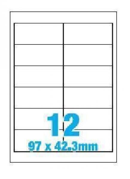 A4 etiķetes 12 par lapu. Ar drukas malu formātu. 97mm x 42,3 mm x12. Loksnes kastē - 100 - cena un informācija | Burtnīcas un papīra preces | 220.lv