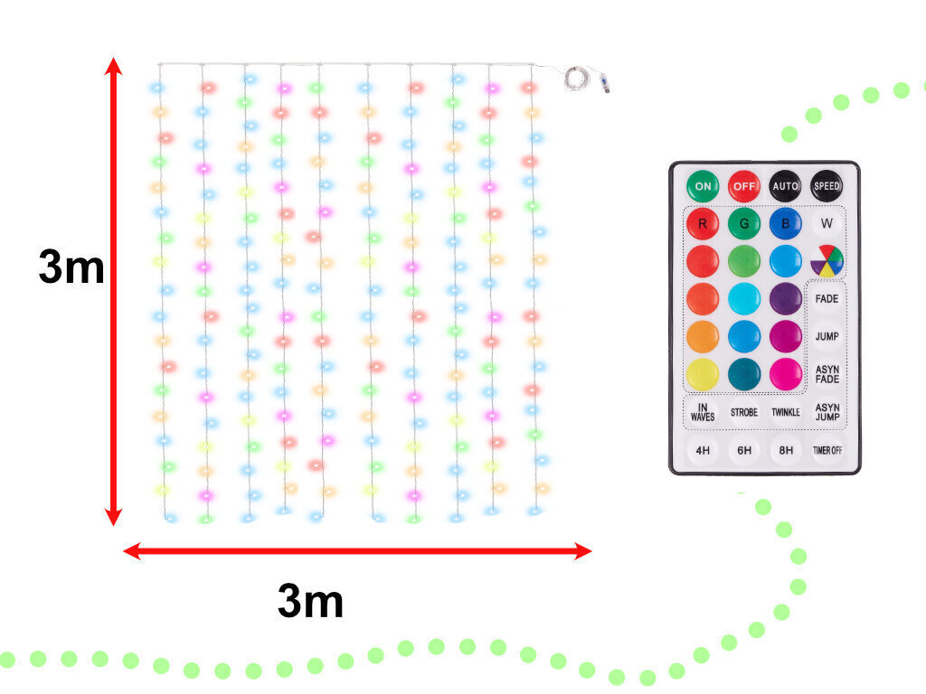 Led gaismas aizkari, 3x3m 200LED USB + pults ar atmiņu cena un informācija | Ziemassvētku lampiņas, LED virtenes | 220.lv