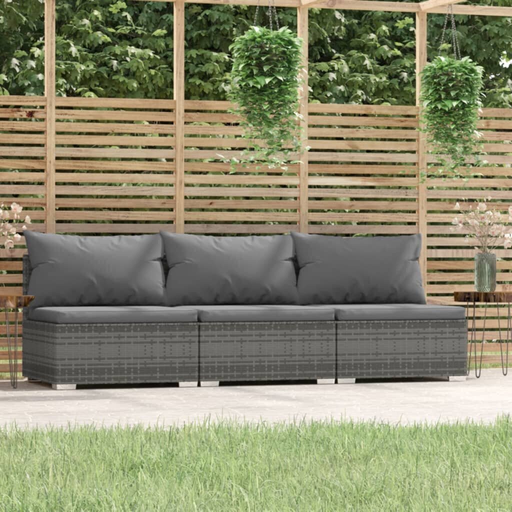 vidaXL trīsvietīgs dārza dīvāns ar matračiem, pelēka PE rotangpalma цена и информация | Dārza krēsli | 220.lv