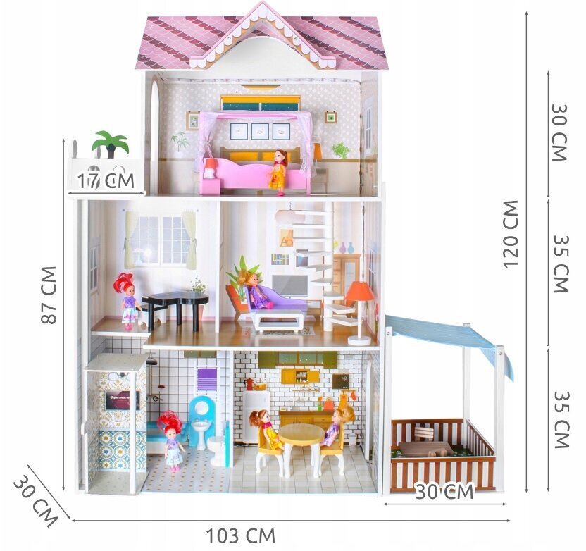 Stilīga koka liela leļļu māja ar mēbelēm Villa 9152 cena un informācija | Rotaļlietas meitenēm | 220.lv