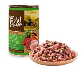 Sam's Field vistas un teļa gaļa ar burkānu superpremium pilnīgu suņu barību kucēniem 400g cena un informācija | Konservi suņiem | 220.lv