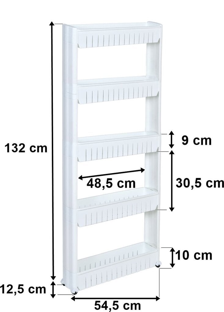 Mobilais skapis uz riteņiem, 5 plaukti, balts цена и информация | Virtuves skapīši | 220.lv