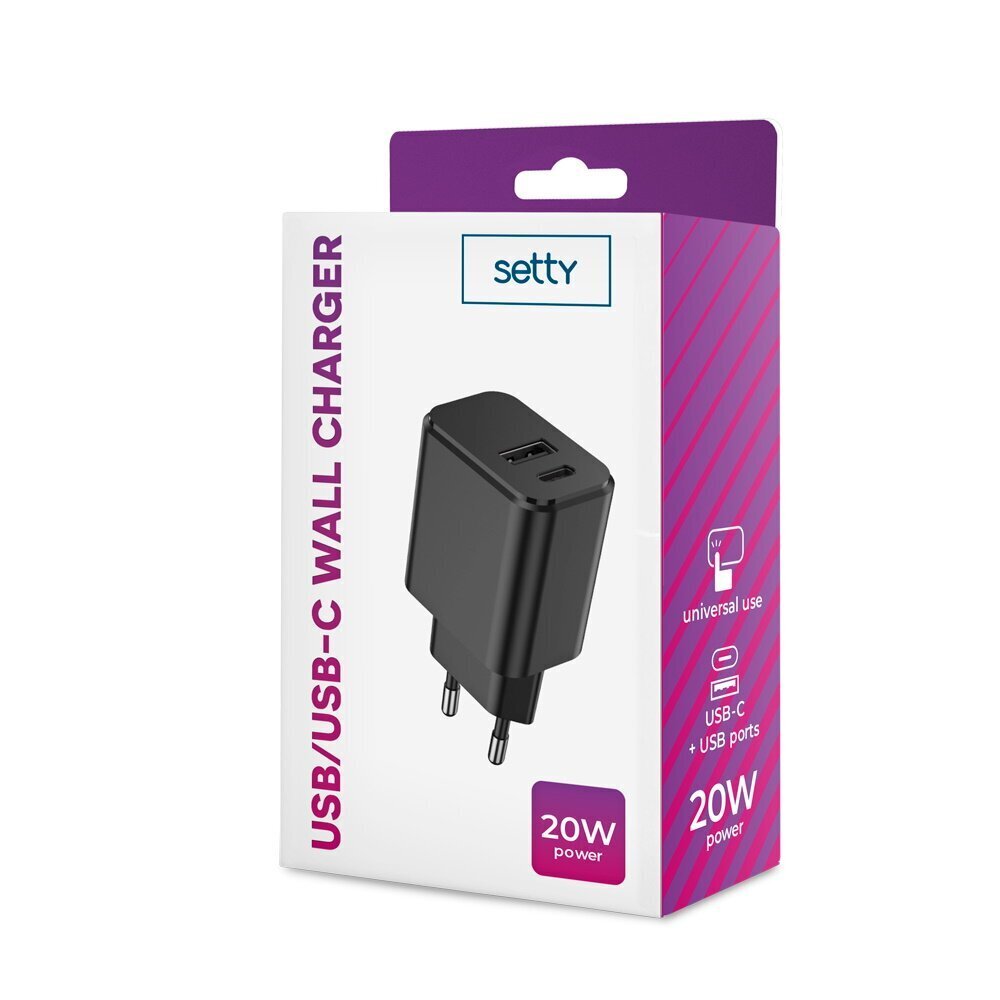 Setty lādētājs 1x USB + USB-C 3A 20W, melns cena un informācija | Lādētāji un adapteri | 220.lv