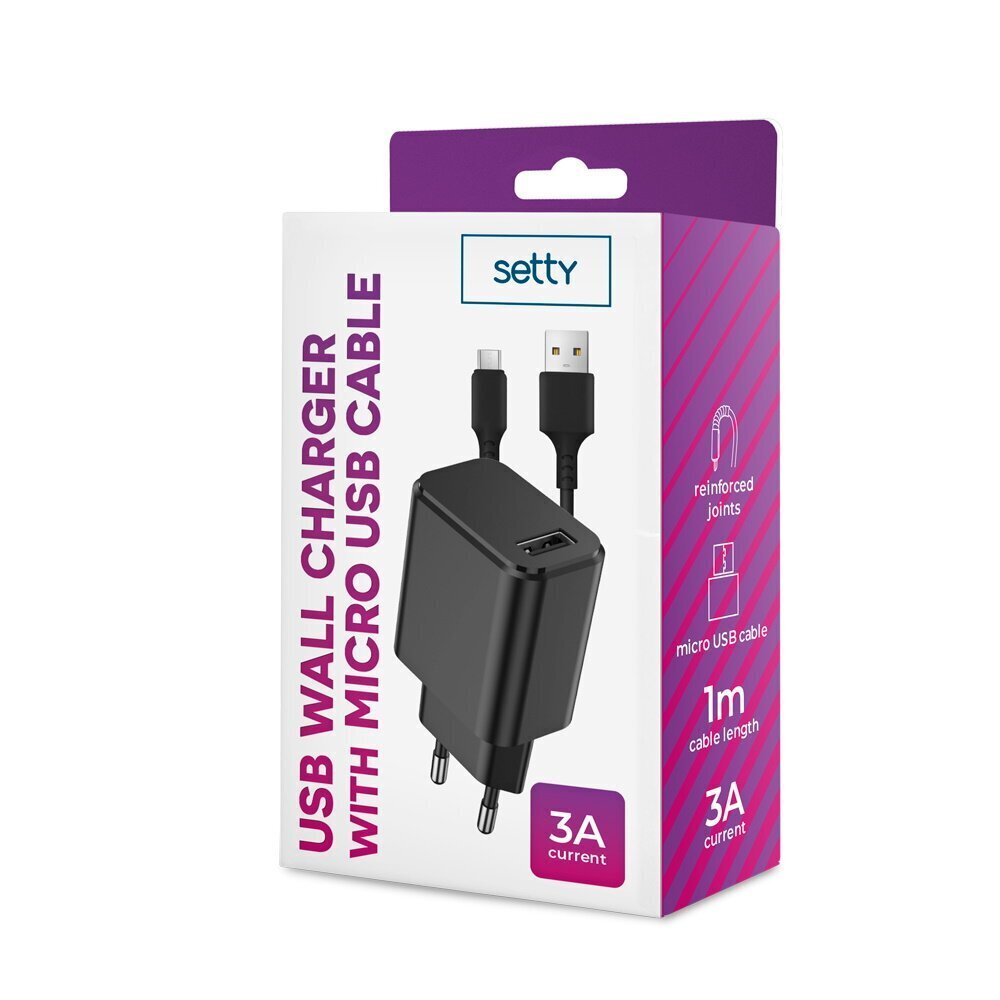 Setty lādētājs 1x USB 3A, melns + microUSB kabelis 1,0 m cena un informācija | Lādētāji un adapteri | 220.lv