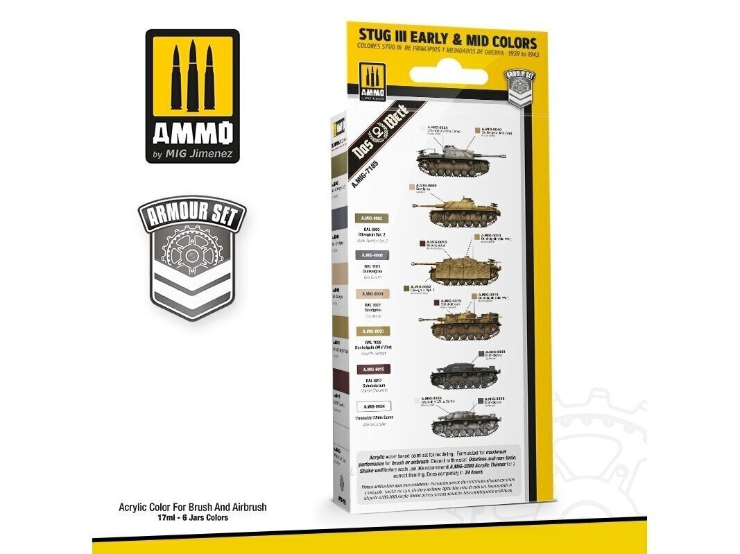 AMMO MIG - Akrils krāsu komplekts STUG III EARLY & MID COLORS 1939 TO 1943 SET, 7185 cena un informācija | Modelēšanas un zīmēšanas piederumi | 220.lv