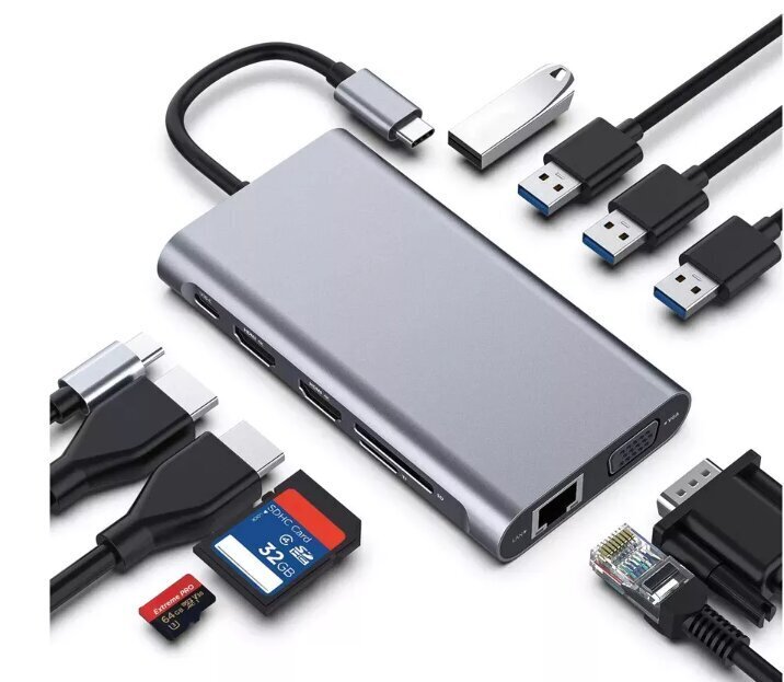 Docking station MGL 220311B 12 in 1 USB type C - 4K HDMI/VGA/LAN/USB/Card reader/PowerDelivery up to 100W cena un informācija | Adapteri un USB centrmezgli | 220.lv