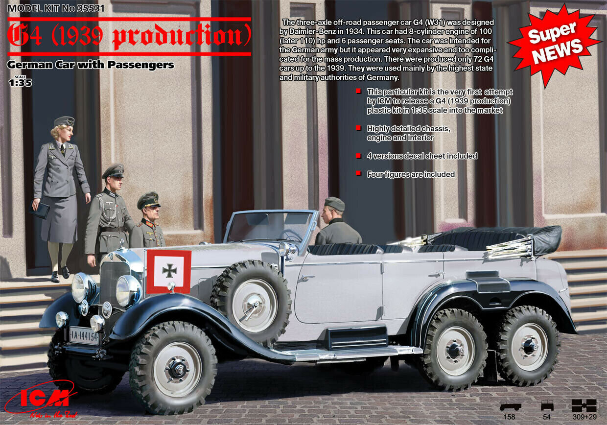 Līmējams modelis ICM 35531 G4 (1939 production), German Car with Passengers (4 figures) 1/35 cena un informācija | Līmējamie modeļi | 220.lv