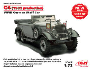 Сборная модель ICM 72471 G4 (1935 production), WWII German Staff Car, snap fit/no glue 1/72 цена и информация | Склеиваемые модели | 220.lv