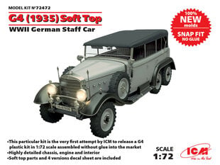 Сборная модель ICM 72472 G4 (1935 production) Soft Top, WWII German Staff Car, snap fit/no glue 1/72 цена и информация | Склеиваемые модели | 220.lv