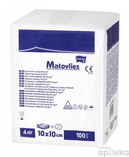 MATOVLIES salvetes 10cmx10cm, nesterilās, neausta, 4-kārt. 100gab. cena un informācija | Mitrās salvetes, vienreizlietojamie paladziņi | 220.lv