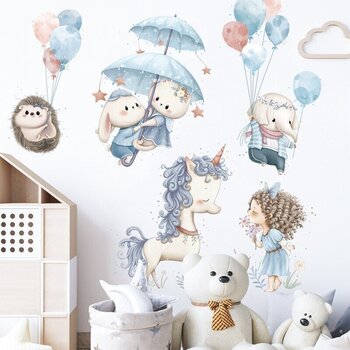 Детская наклейка на стену Единорог с принцессой и зверятами с воздушными шарами цена и информация | Декоративные наклейки | 220.lv