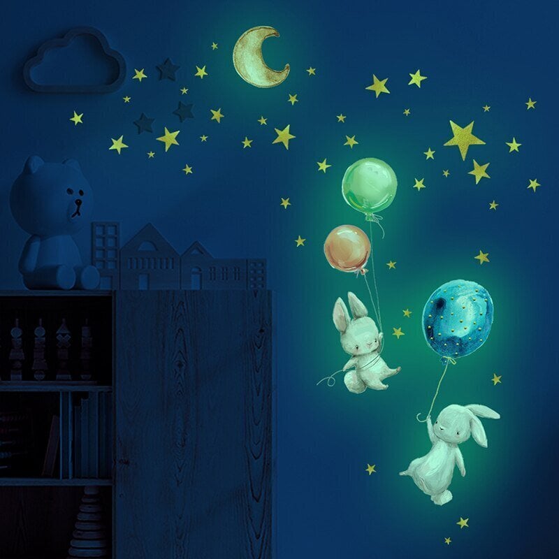 Tumsā spīdošas sienas uzlīmes bērniem Truši ar baloniem cena un informācija | Dekoratīvās uzlīmes | 220.lv